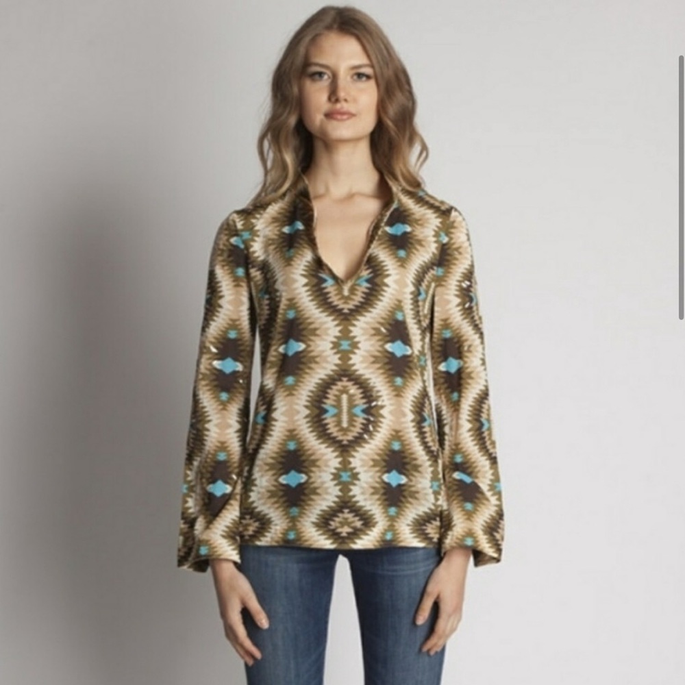 Tory Burch Stephanie Aztec Print Tunic Sequins Turquoise Tan Brown Western sz 6